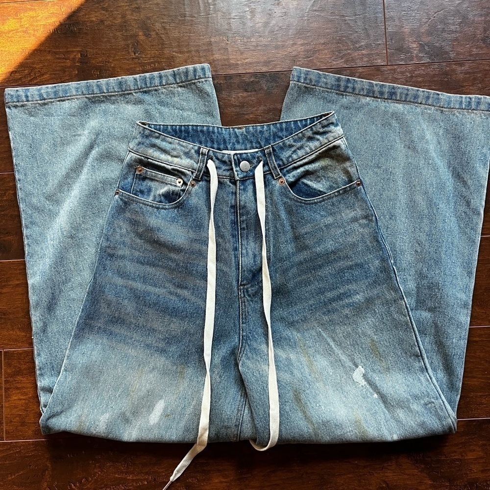 Ease Atelier Ultra Wide Leg Boho High Waisted Distressed Waist Tie Jean Sz Small